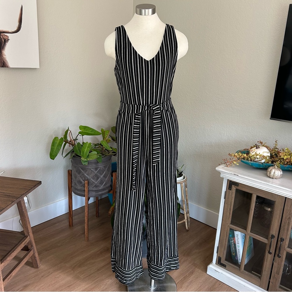 Tribal Jeans‎ Sleeveless Black and White Stripe Full Length Jumpsuit